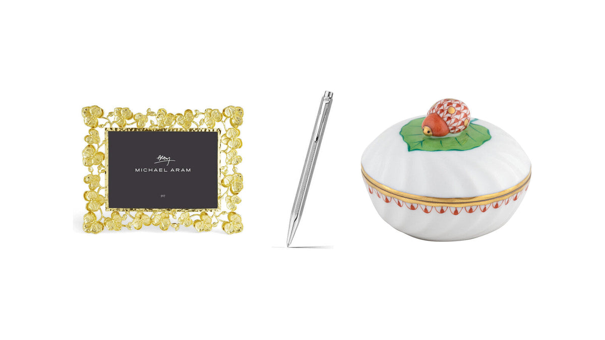 Michael Aram Orchid picture frame, Caran d'Ache Ecridor ballpoint pen and Herend Ladybug Box – gifts for coworkers