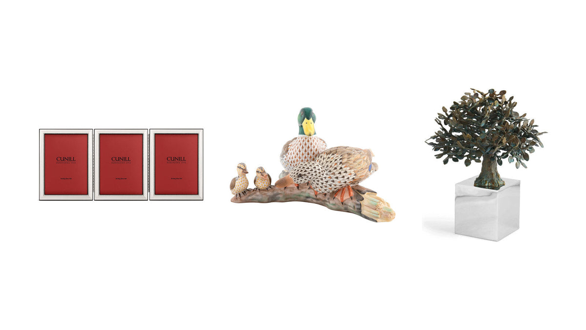 Cunill sterling silver triple photo frame, Herend Mallard Duck Family figurine and Michael Aram Family Tree sculpture – gifts for grandparents