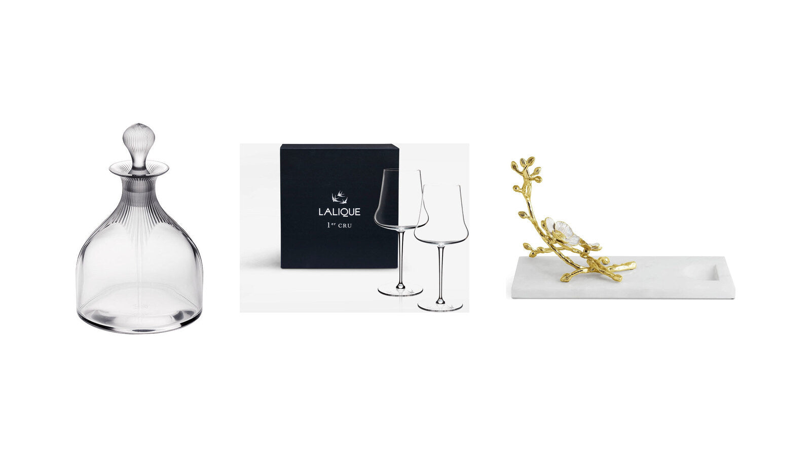 Lalique 100 POINTS crystal wine decanter, Lalique 1er Cru wine glasses and Michael Aram Orchid wine rest – gifts for wine lovers