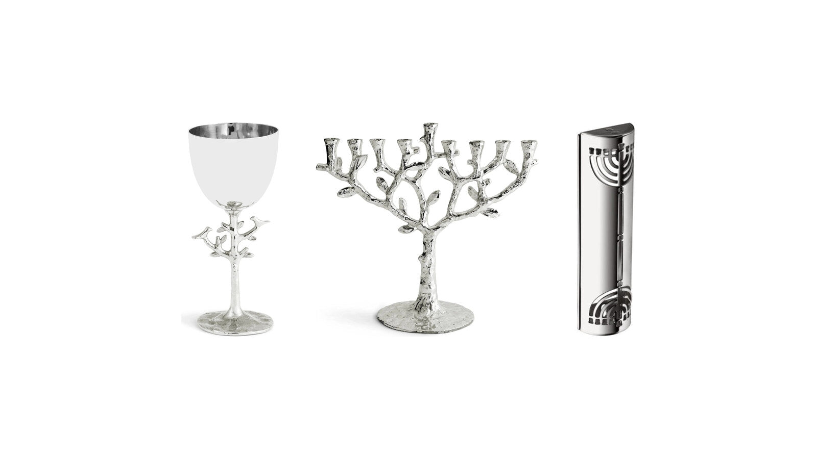 Michael Aram Tree of Life menorah and kiddush cup with a Christofle silver-plated mezuzah