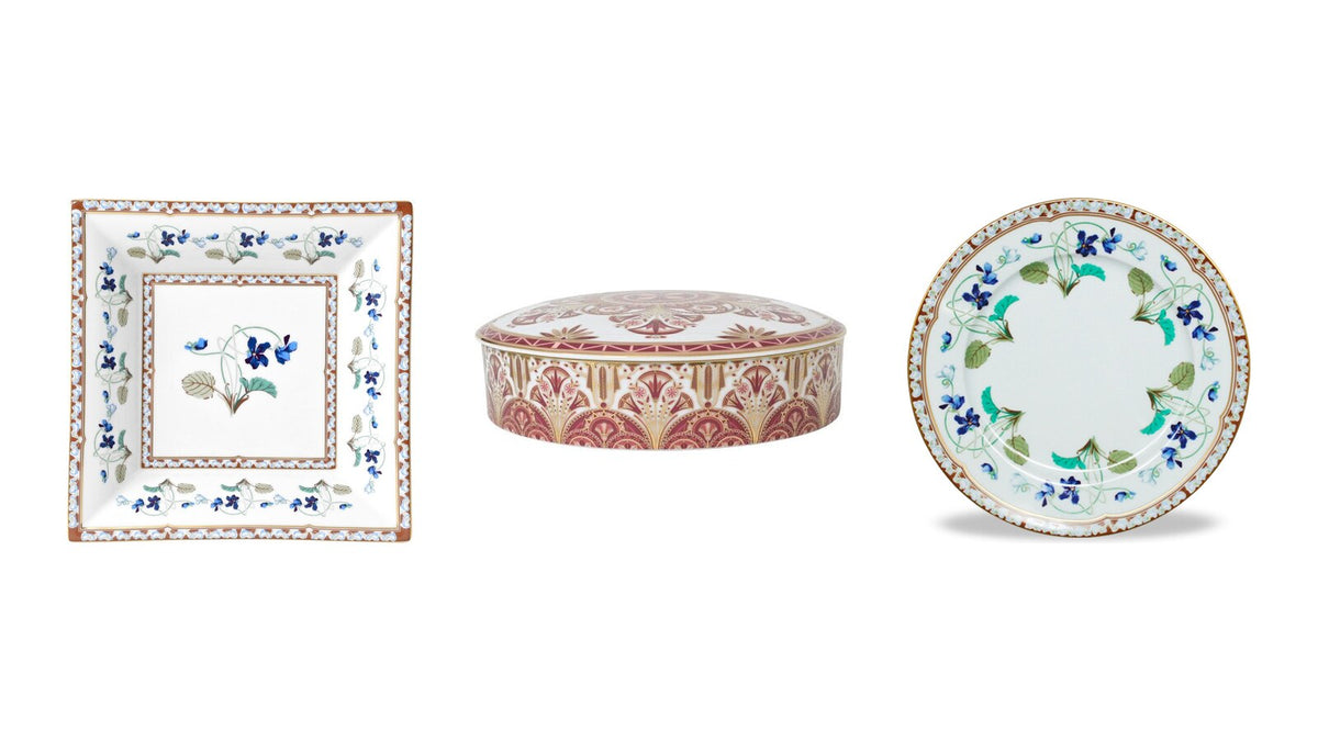 Haviland Impératrice Eugénie valet tray, Rêves du Nil Pourpre candy box and Impératrice Eugénie dinner plate in Limoges porcelain
