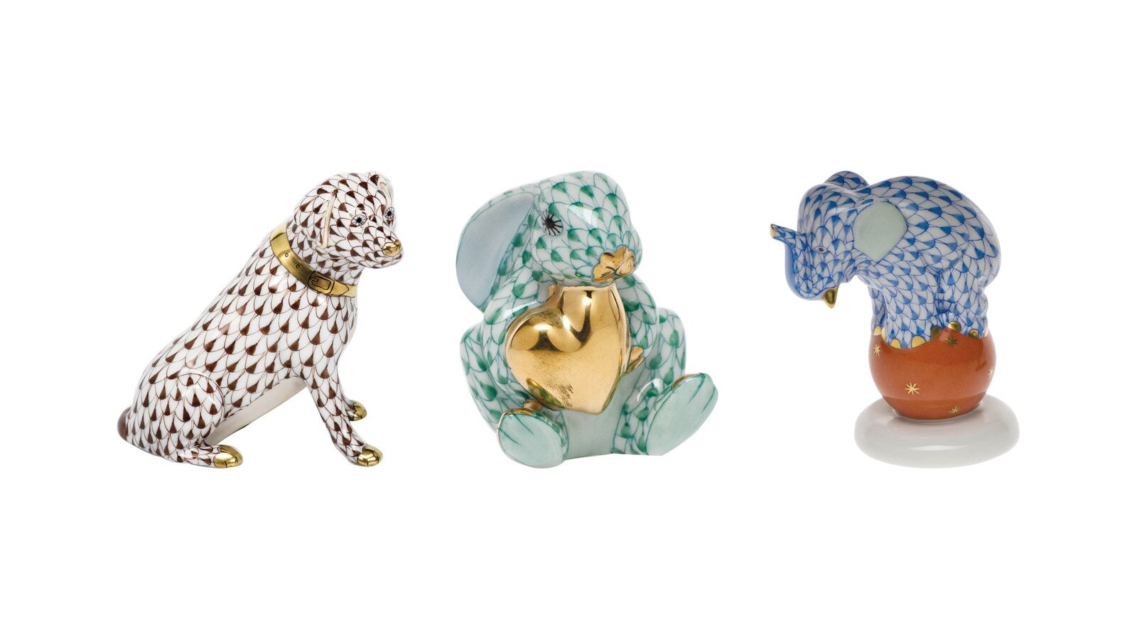 Herend hand-painted porcelain fishnet figurines: Labrador Retriever, Bunny with Heart and Dancing Elephant