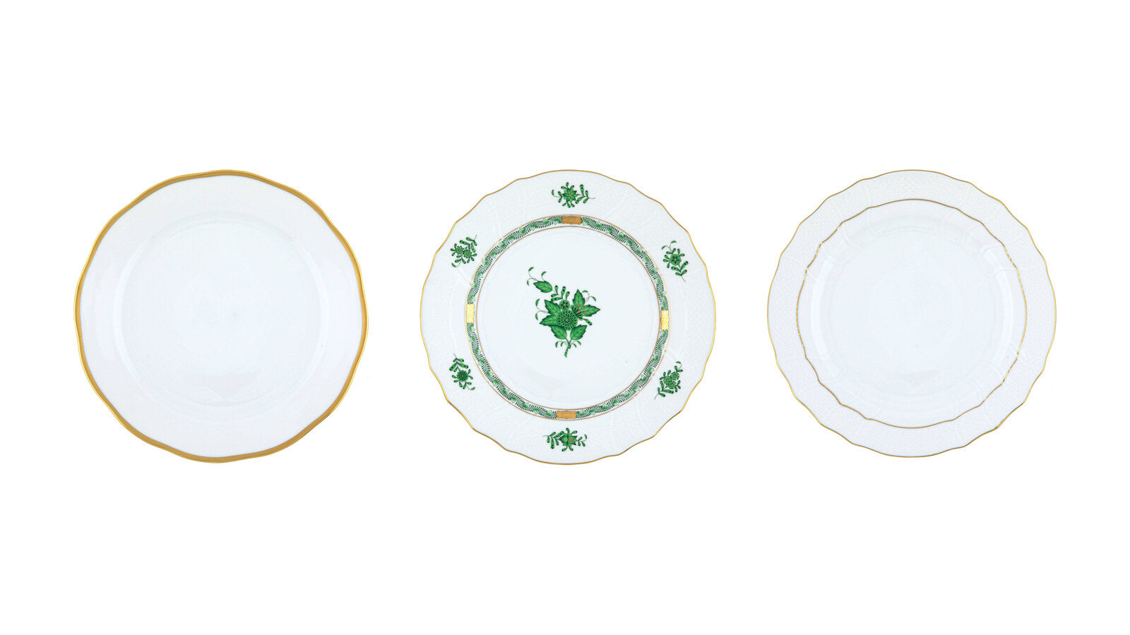 Herend Gwendolyn, Chinese Bouquet Green and Golden Edge dinner plates with hand-painted 24k gold rims