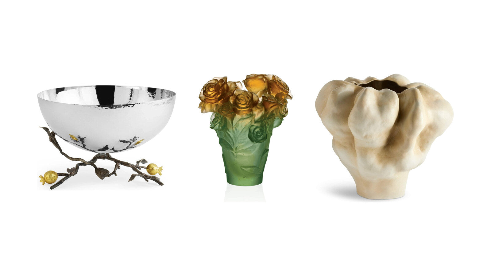 Michael Aram Pomegranate serving bowl, Daum Rose Passion crystal vase and L'Objet Timna vase – housewarming gifts