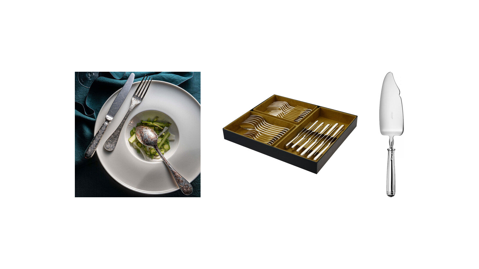 Christofle Jardin d'Eden silver-plated flatware set, Christofle storage box and Malmaison sterling silver cake server