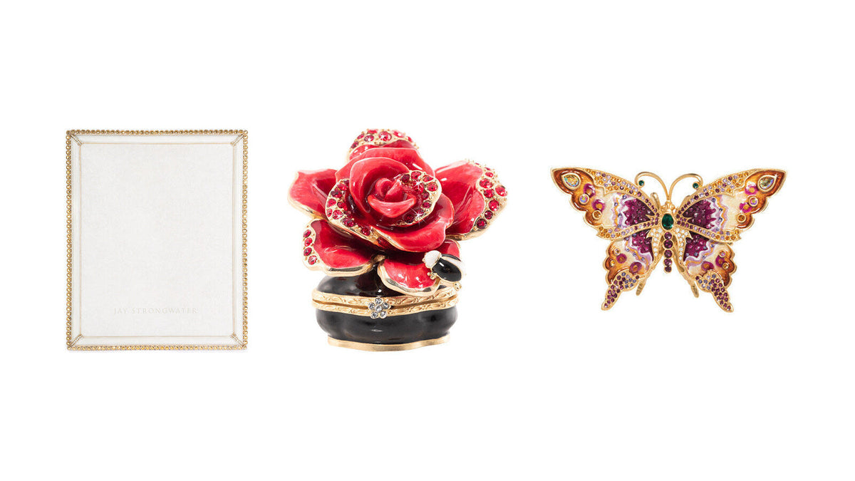 Jay Strongwater Laetitia Stone Edge frame, Rosalie Night Bloom rose box and Lea butterfly figurine