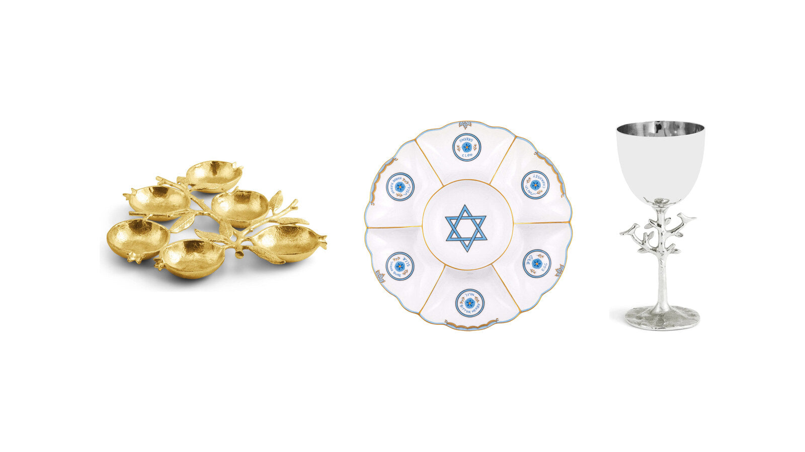 Michael Aram Pomegranate seder plate, Herend hand-painted seder plate and Michael Aram Tree of Life kiddush cup