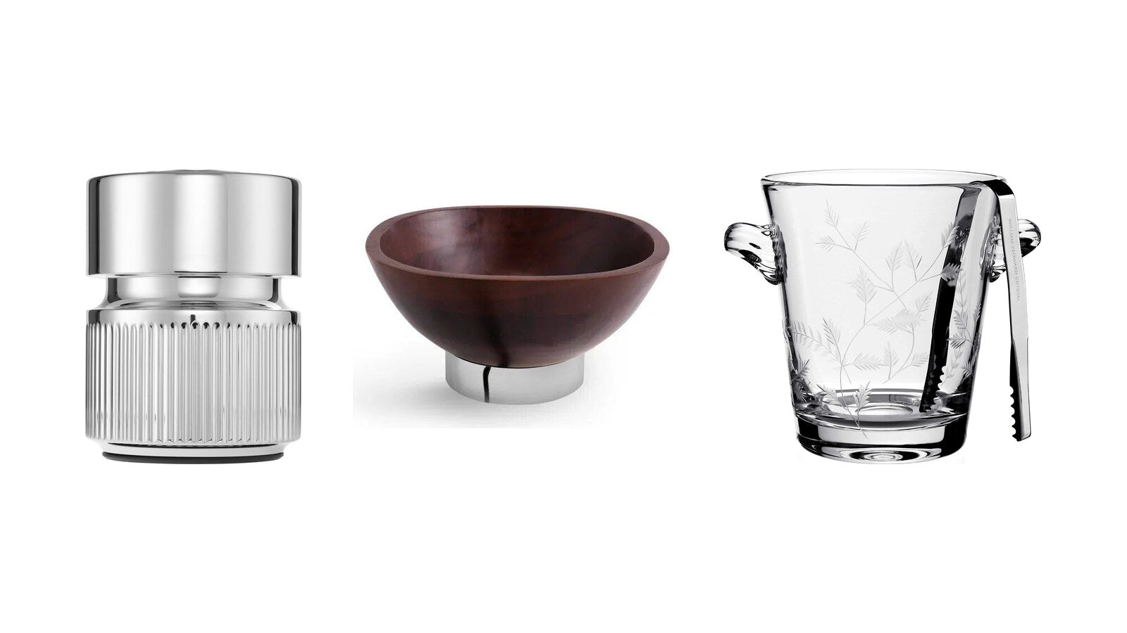 Christofle Club 30 insulated ice bucket, Michael Aram Reflective wood salad bowl and William Yeoward Daisy B ice bucket for Labor Day