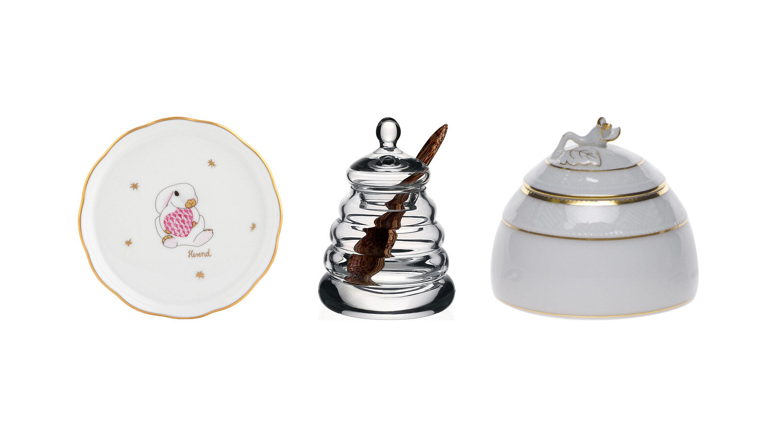 Herend porcelain coaster, William Yeoward crystal honey jar and Herend honey pot, hostess gifts