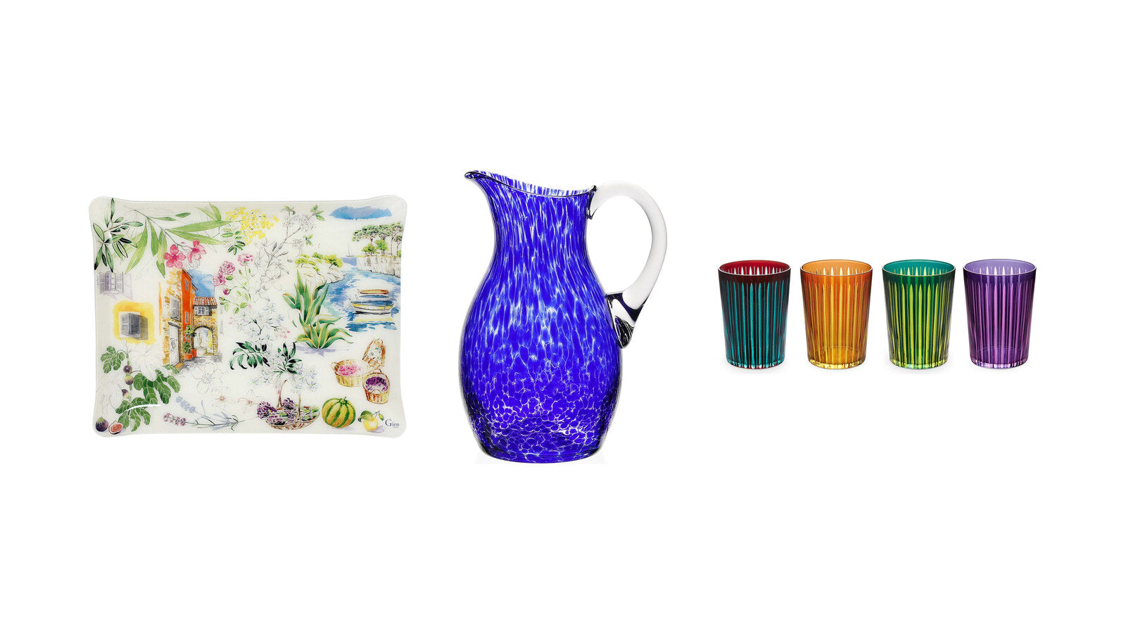 Gien Provence acrylic serving tray, William Yeoward Vanessa Sicilian Blue pitcher and L'Objet Prism highball glasses for a summer table