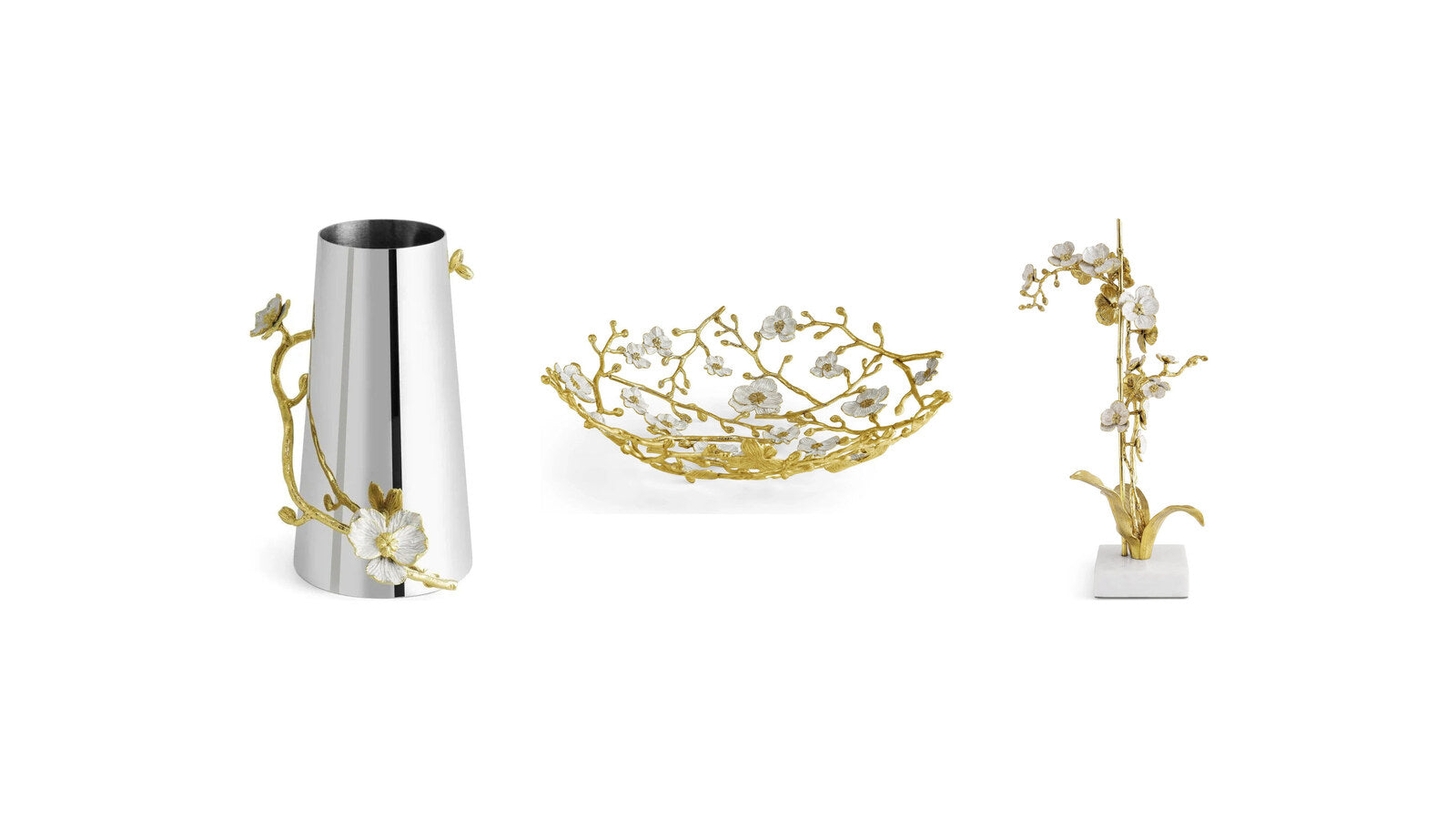 Michael Aram Orchid vase, Orchid basket and Orchid stem sculpture in golden brass and white enamel