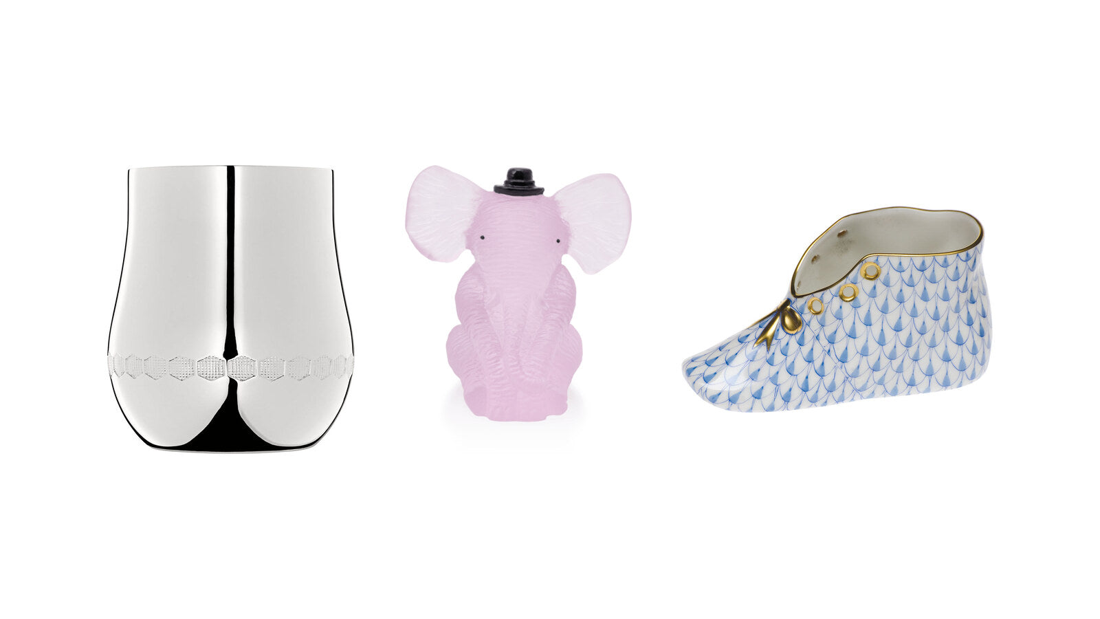 Christofle Beebee silver baby cup, Daum crystal baby elephant and Herend porcelain baby shoe – new baby gifts