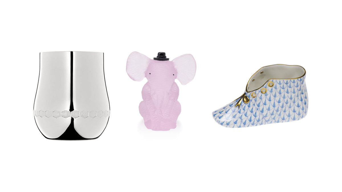 Christofle Beebee silver baby cup, Daum crystal baby elephant and Herend porcelain baby shoe – new baby gifts