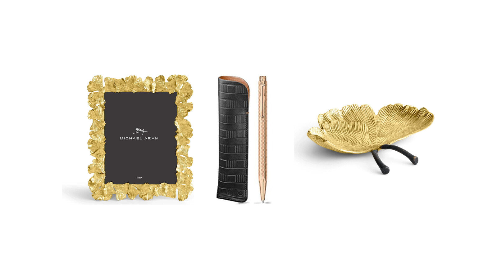 Michael Aram Golden Ginkgo frame, Caran d'Ache Ecridor Damier rose gold pen and leather case, and Michael Aram Golden Ginkgo catch-all tray