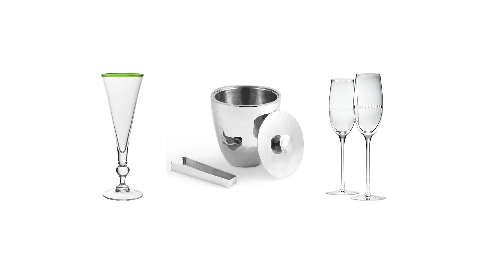 William Yeoward Siena champagne flute, Michael Aram Reflective ice bucket and Christofle Perles crystal champagne flutes for New Year's Eve