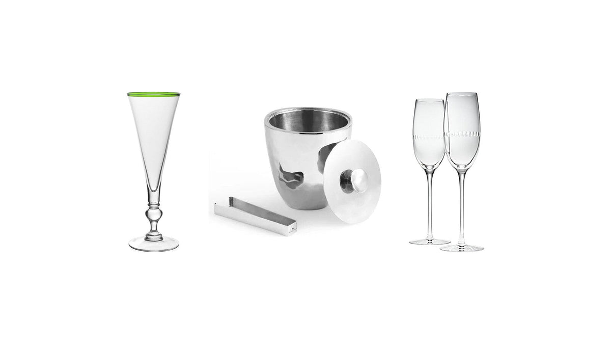 William Yeoward Siena champagne flute, Michael Aram Reflective ice bucket and Christofle Perles crystal champagne flutes for New Year's Eve