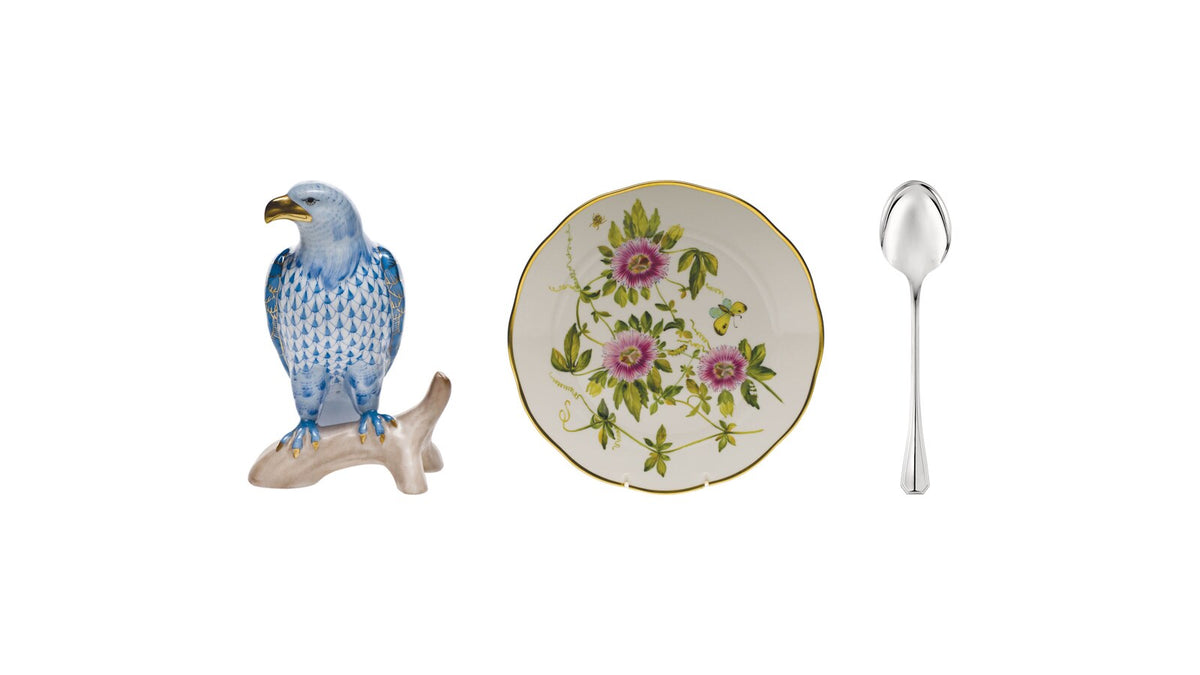 Herend Small Bald Eagle, Herend American Wildflowers dinner plate and Christofle America serving spoon for a Presidents' Day table