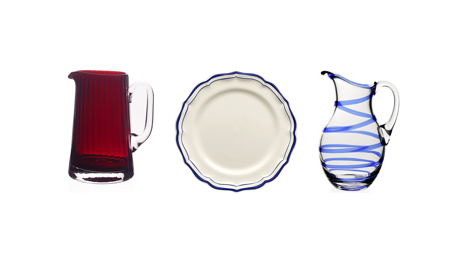 William Yeoward Scarlet pitcher, Gien Filet Cobalt dessert plates and William Yeoward Bella Blue pitcher for a red, white and blue table