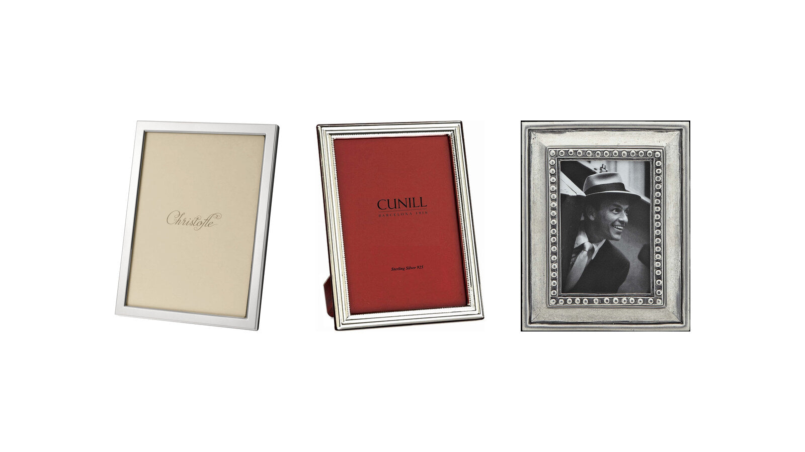 Christofle Uni silver-plated frame, Cunill Classic sterling silver frame and Match Pewter Veneto pewter frame