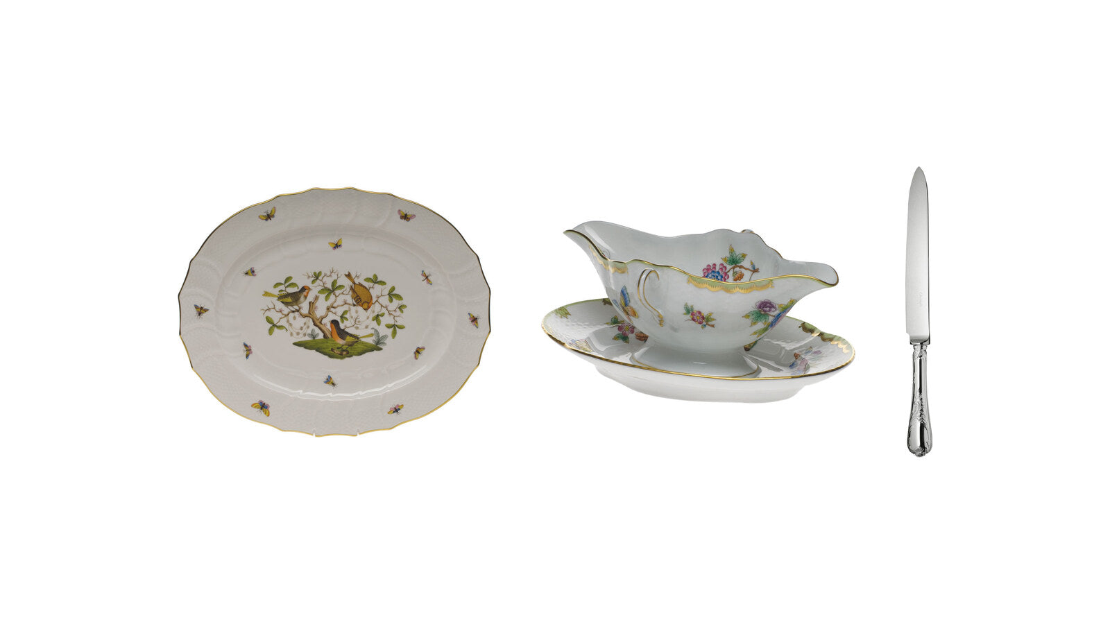 Herend Rothschild Bird turkey platter, Herend Queen Victoria gravy boat and Christofle Marly carving knife for Thanksgiving
