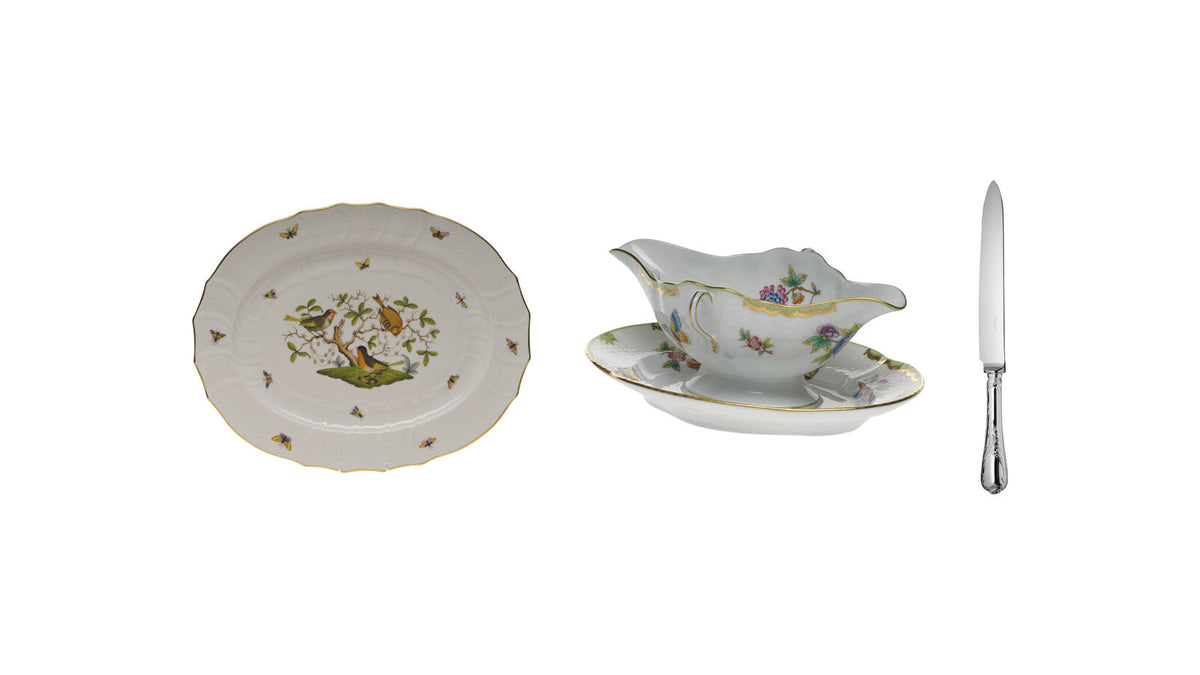 Herend Rothschild Bird turkey platter, Herend Queen Victoria gravy boat and Christofle Marly carving knife for Thanksgiving
