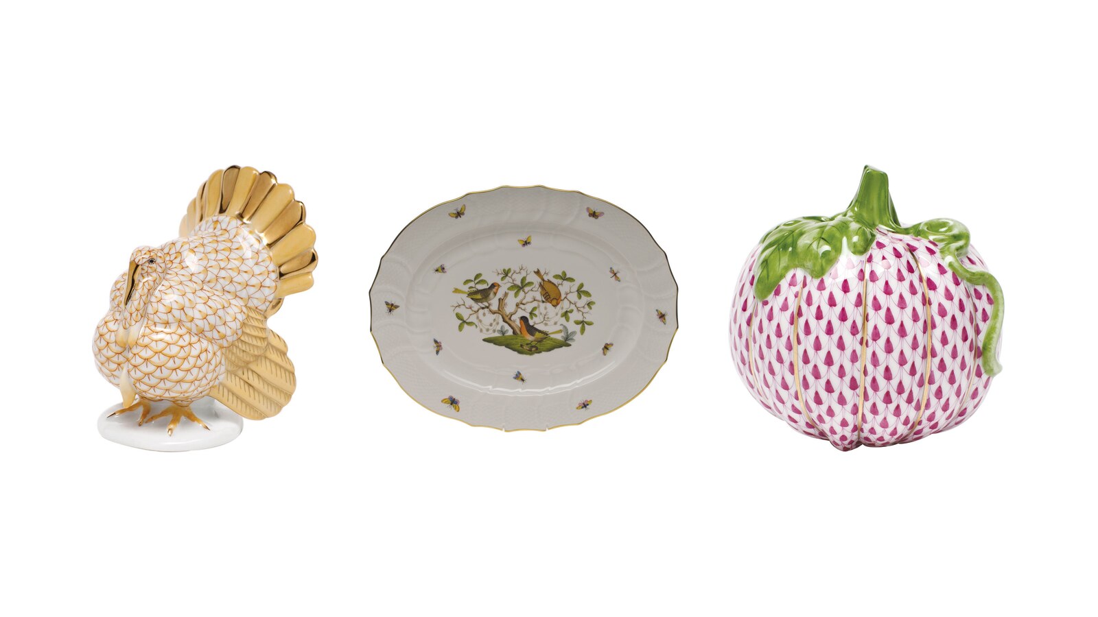 Herend Tom Turkey figurine, Rothschild Bird turkey platter and pumpkin figurine on a holiday table