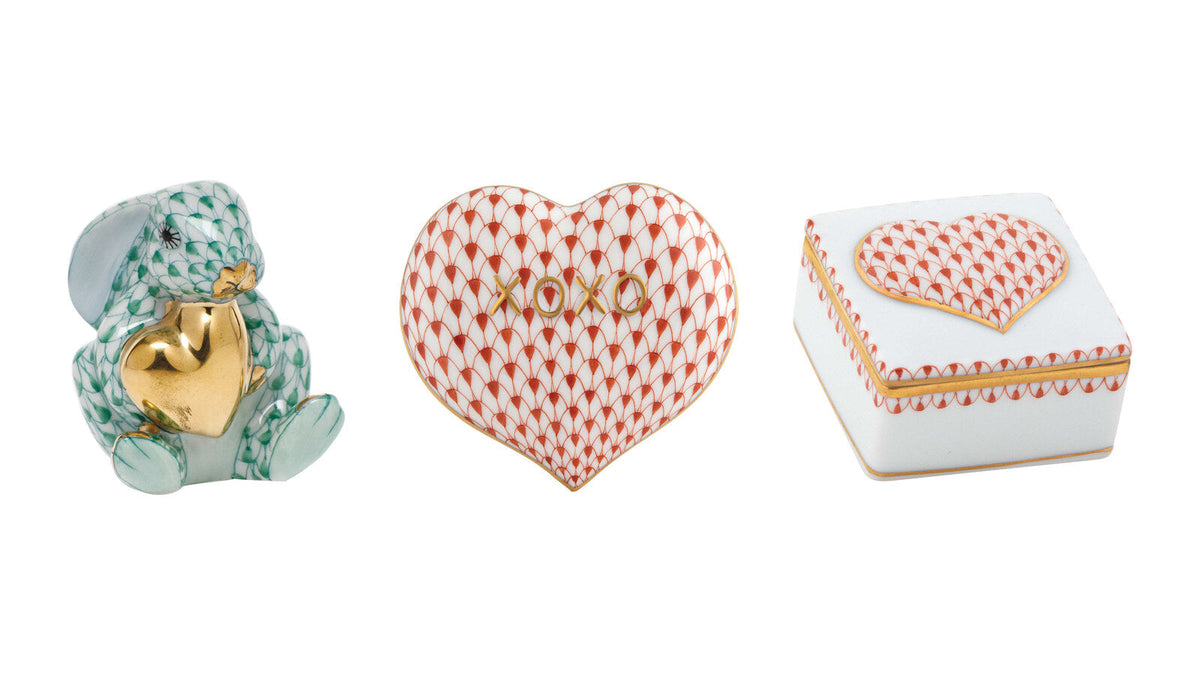 Herend porcelain Bunny with Heart, Hugs and Kisses heart and heart box – Valentine's Day gifts