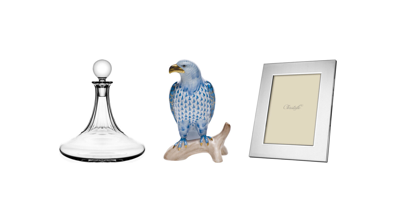 William Yeoward Iona ship's decanter, Herend Small Bald Eagle figurine and Christofle America picture frame - Veterans Day gifts