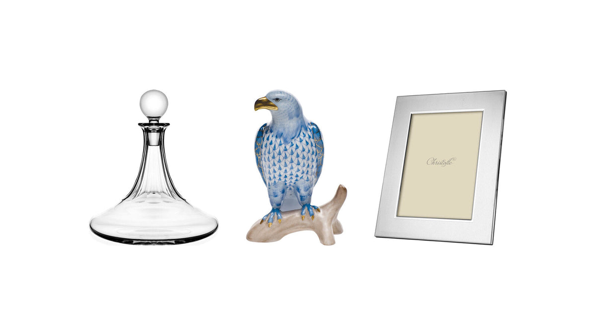 William Yeoward Iona ship's decanter, Herend Small Bald Eagle figurine and Christofle America picture frame - Veterans Day gifts