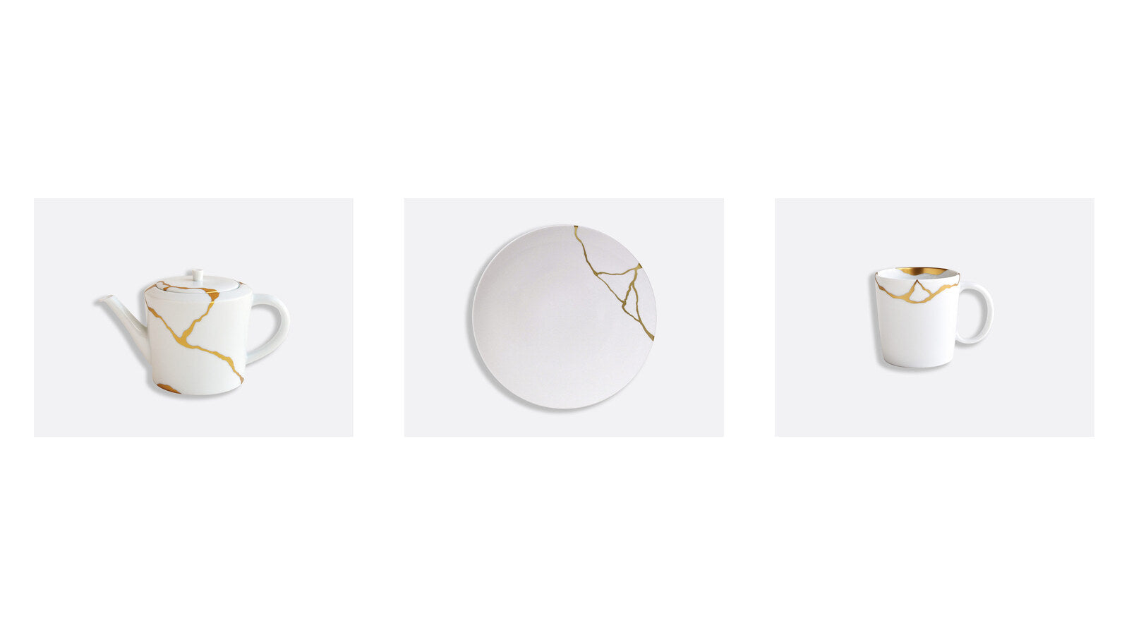 Bernardaud Kintsugi – Sarkis Limoges porcelain teapot, dinner plate and mug with gold seams