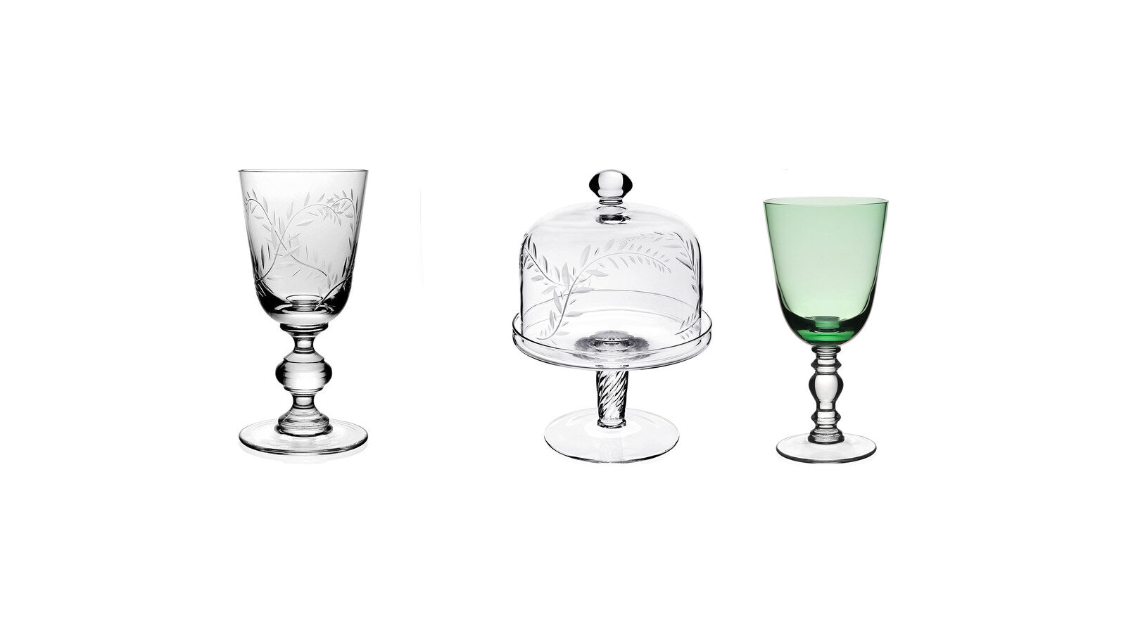 William Yeoward Jasmine goblet, Jasmine cake dome and stand, and Fanny goblet in Apple Green