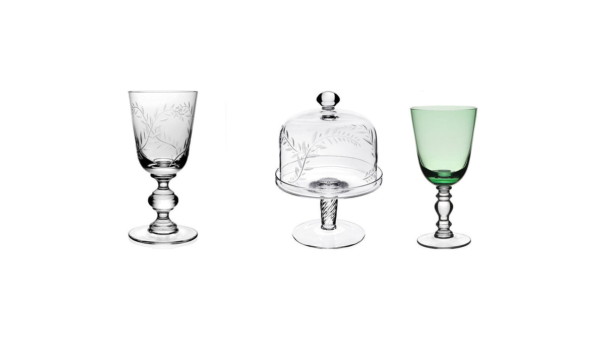 William Yeoward Jasmine goblet, Jasmine cake dome and stand, and Fanny goblet in Apple Green