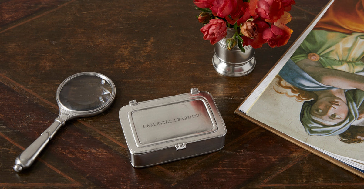 Match Pewter Michelangelo lidded box on a table