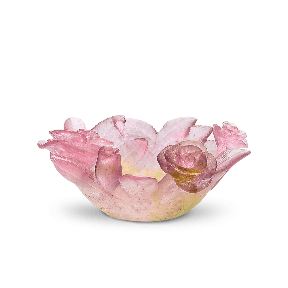 Daum Roses Shallow Dish Pink, handcrafted Daum crystal