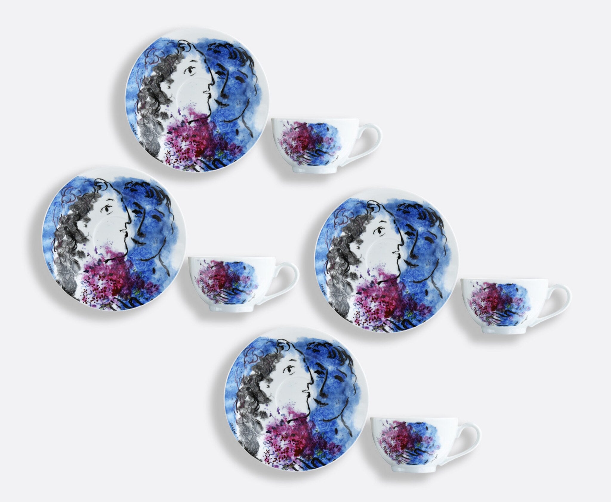 Bernardaud Les Bouquet De Fleurs by Marc Chagall set of 4 Tea Cups and Saucers