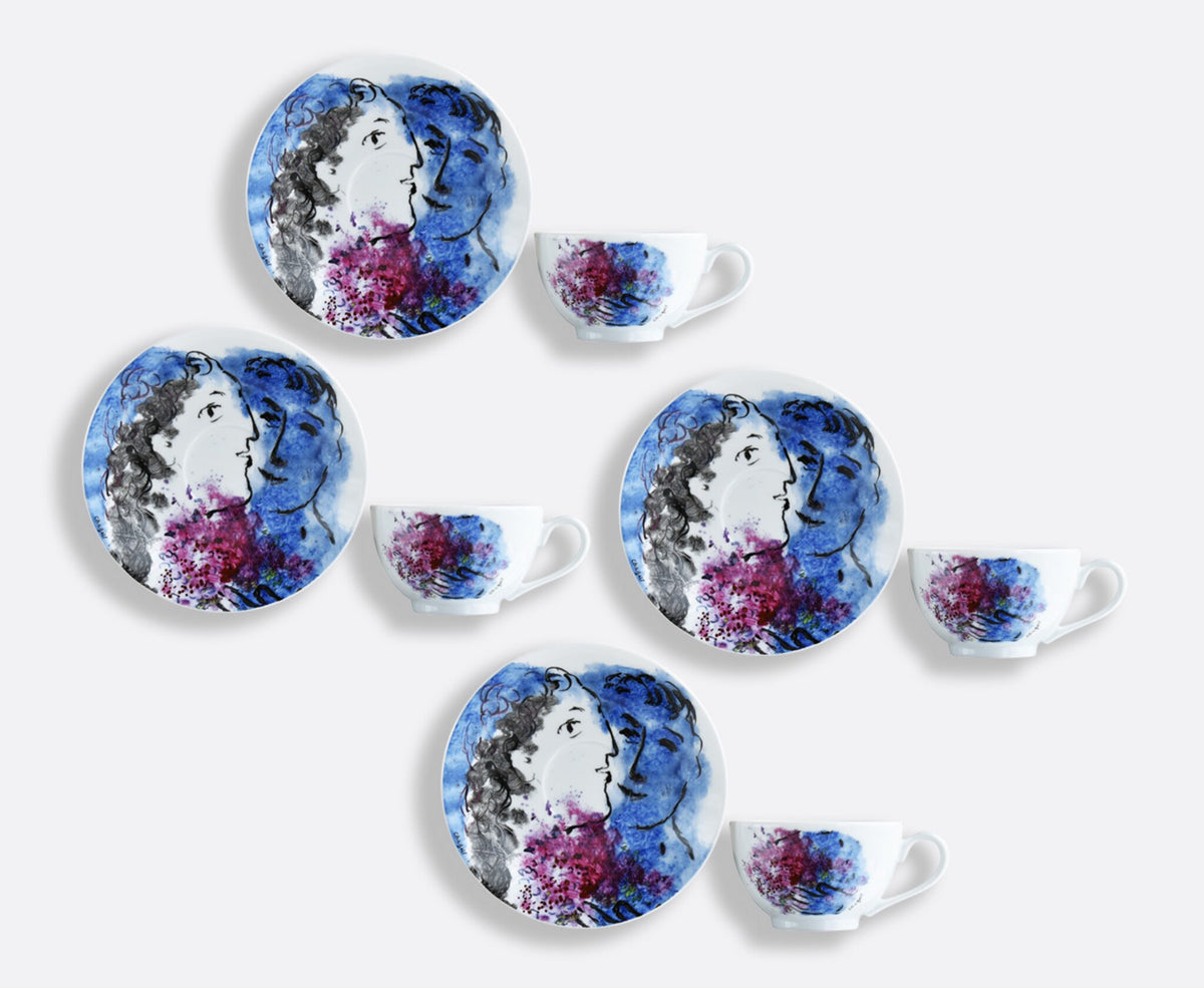 Bernardaud Les Bouquet De Fleurs by Marc Chagall set of 4 Tea Cups and Saucers