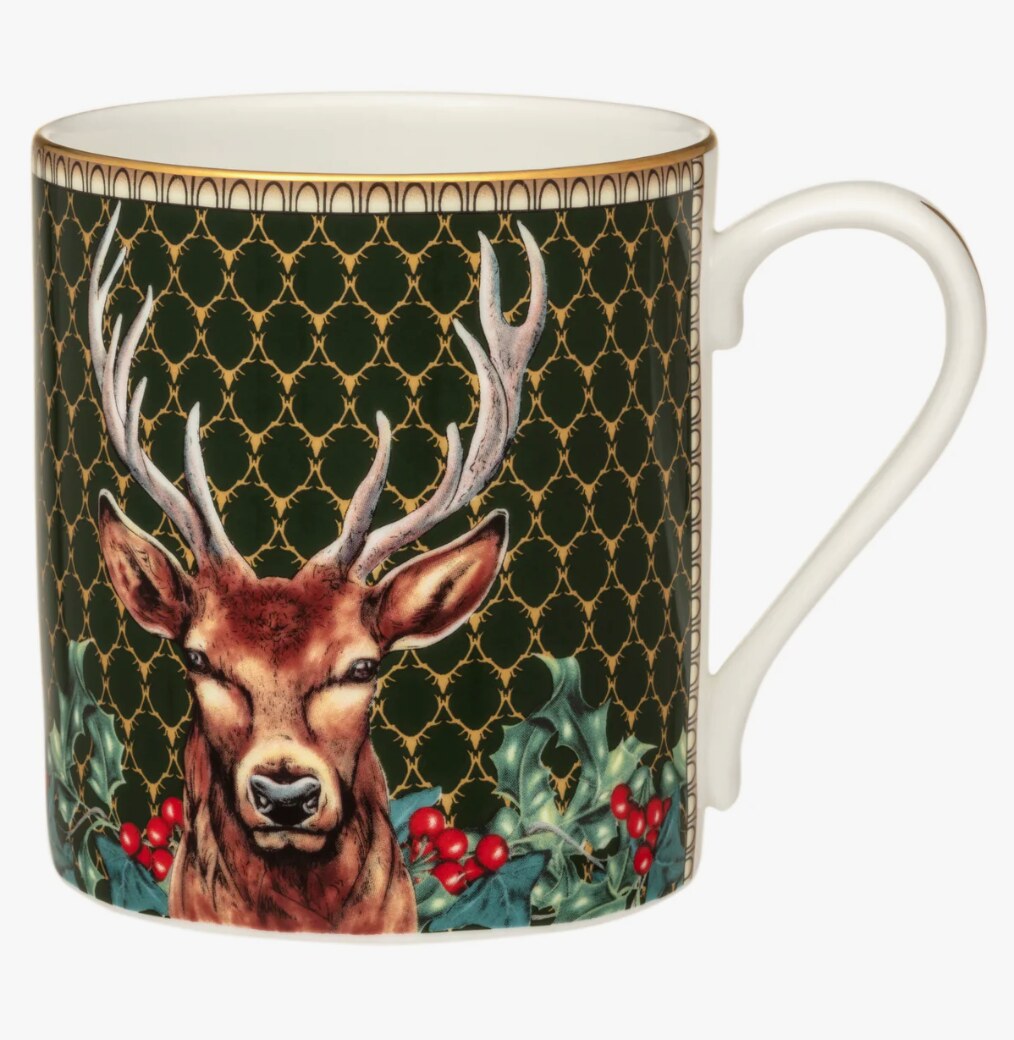Halcyon Days Antler Trellis Green & Stag Mugs, Set of 2