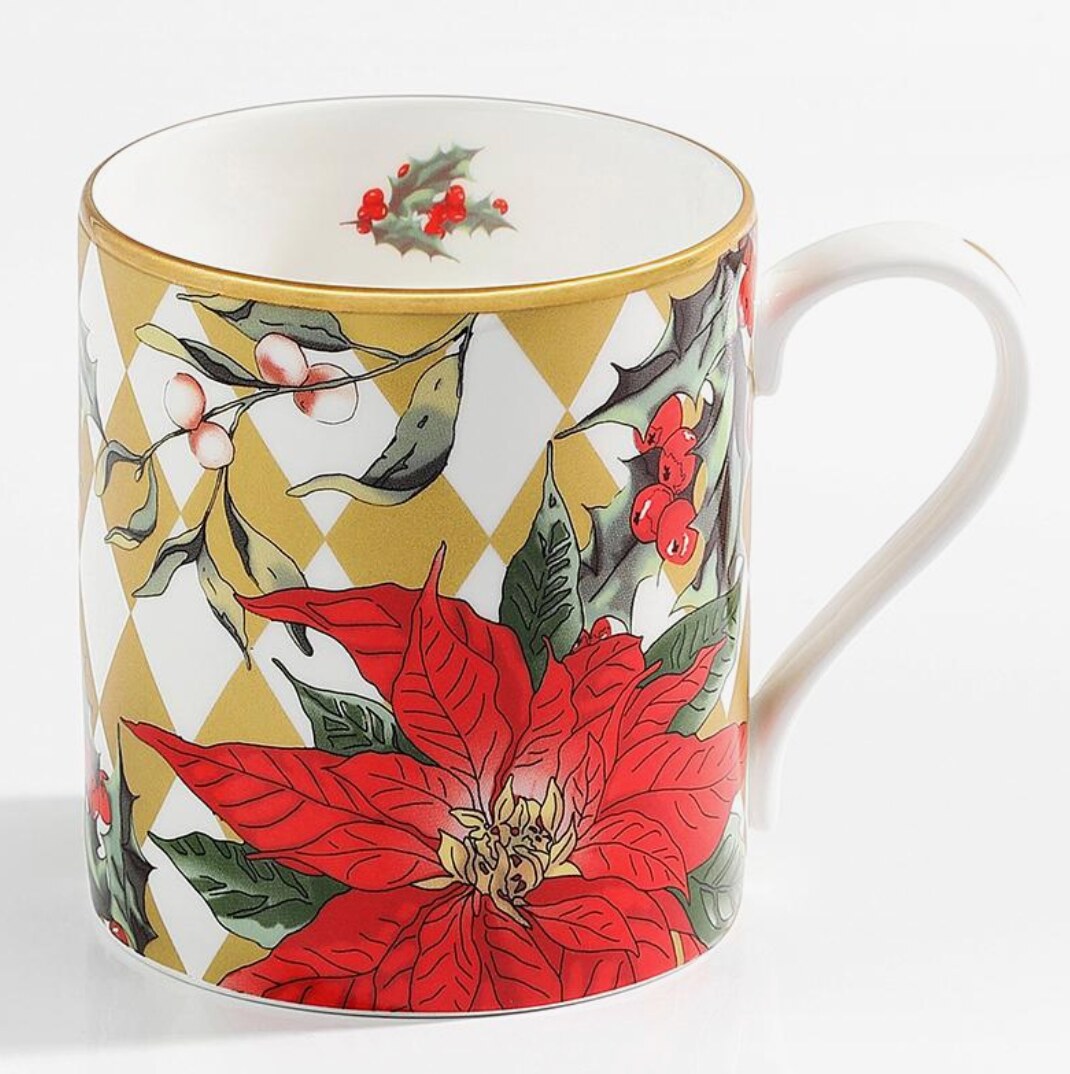 Halcyon Days Parterre Gold with Poinsettia Mugs, Set of 2