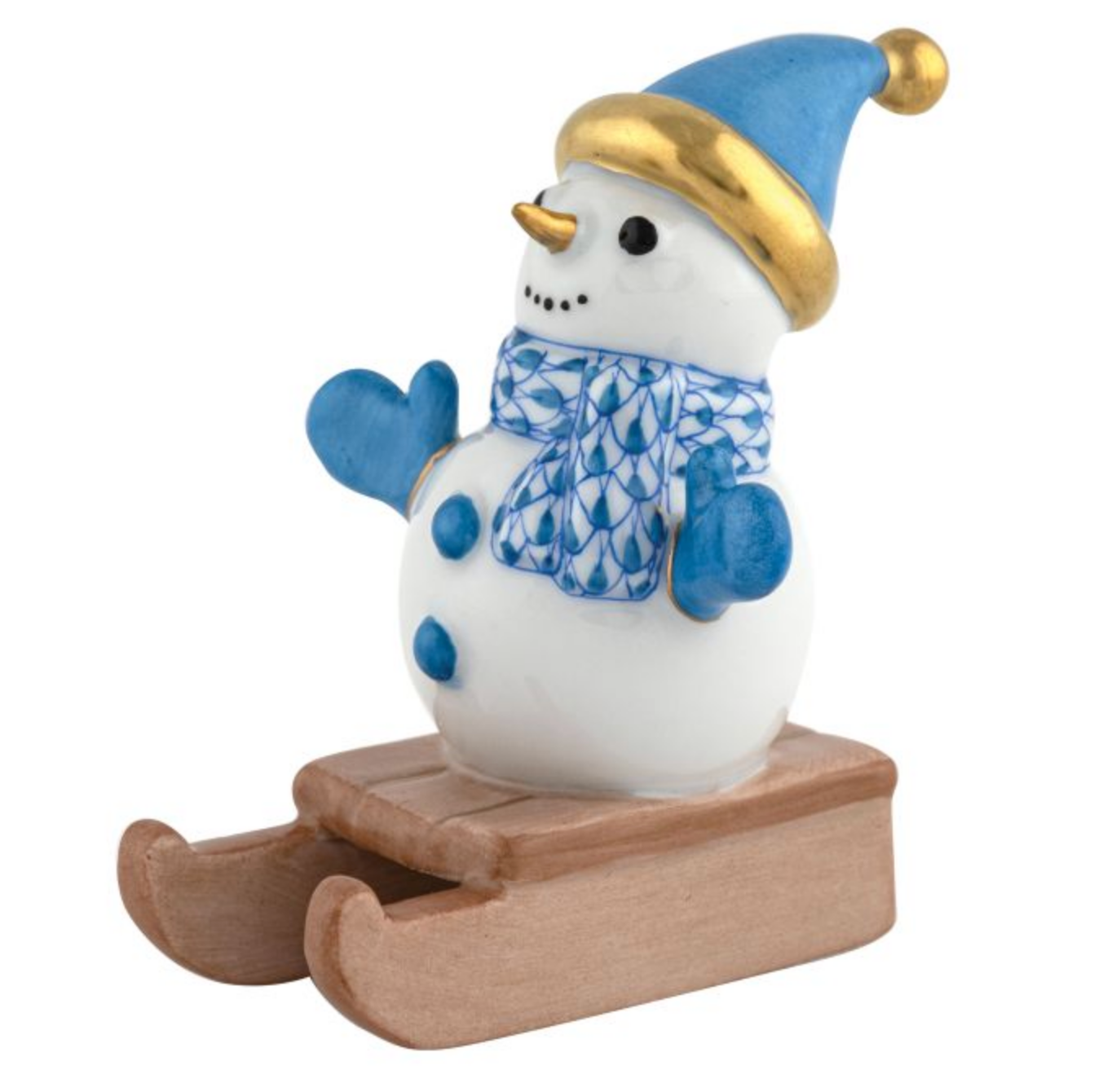 Herend-sledding-snowman-porcelain-figurine-blue