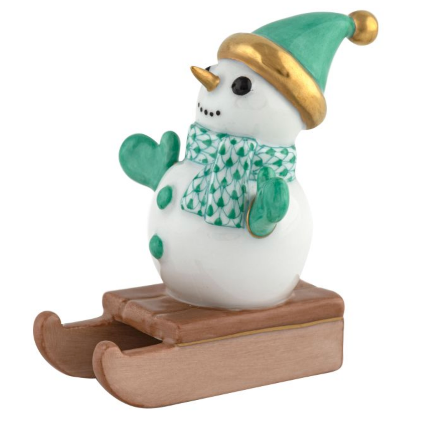 Herend-sledding-snowman-porcelain-figurine-green