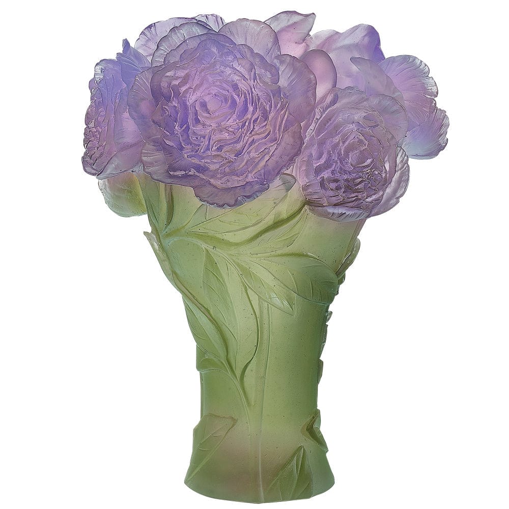 Daum Peony Vase Deep Green Purple and White, handcrafted Daum crystal