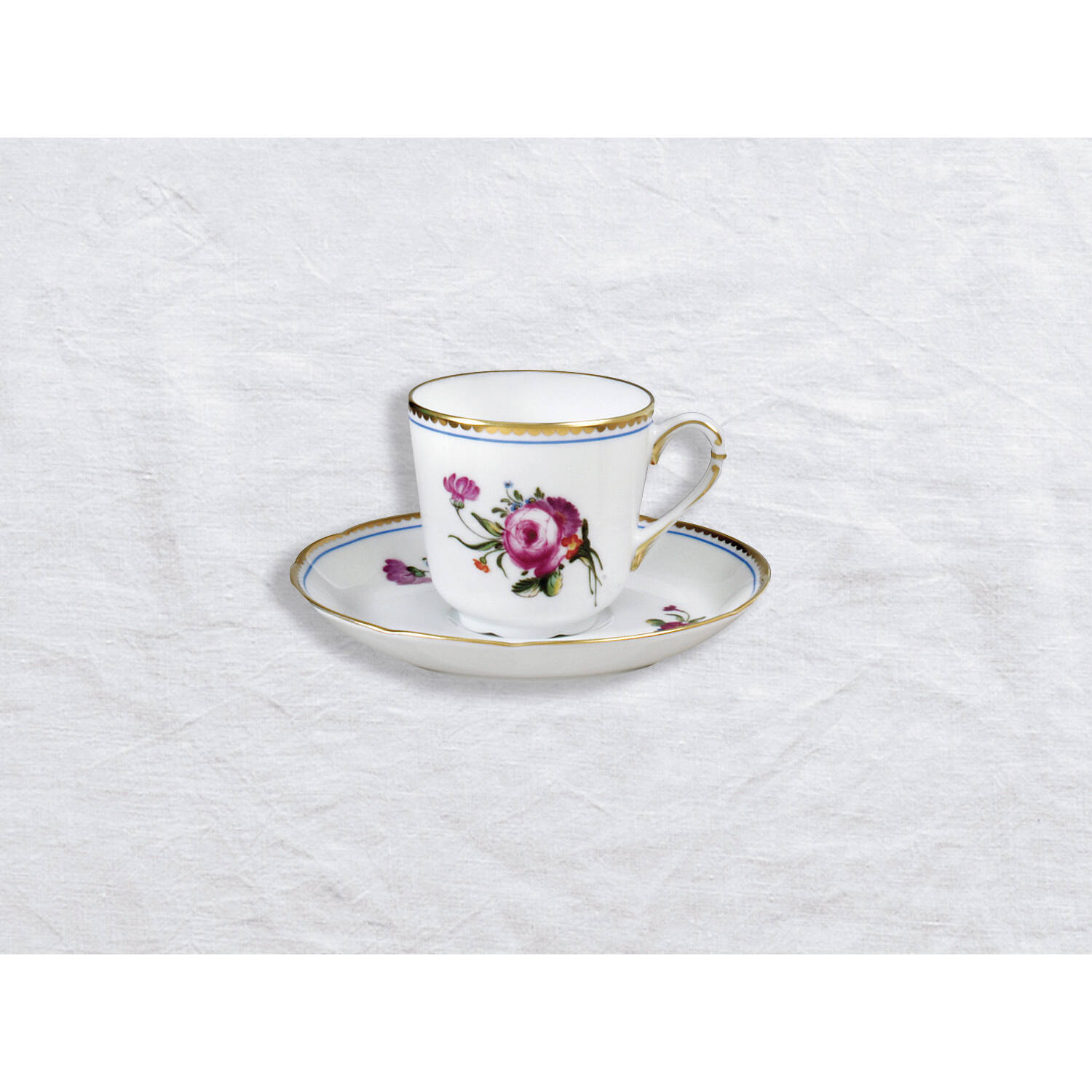 Bernardaud Espresso cup and saucer, Limoges porcelain, A la Reine collection, on a white background
