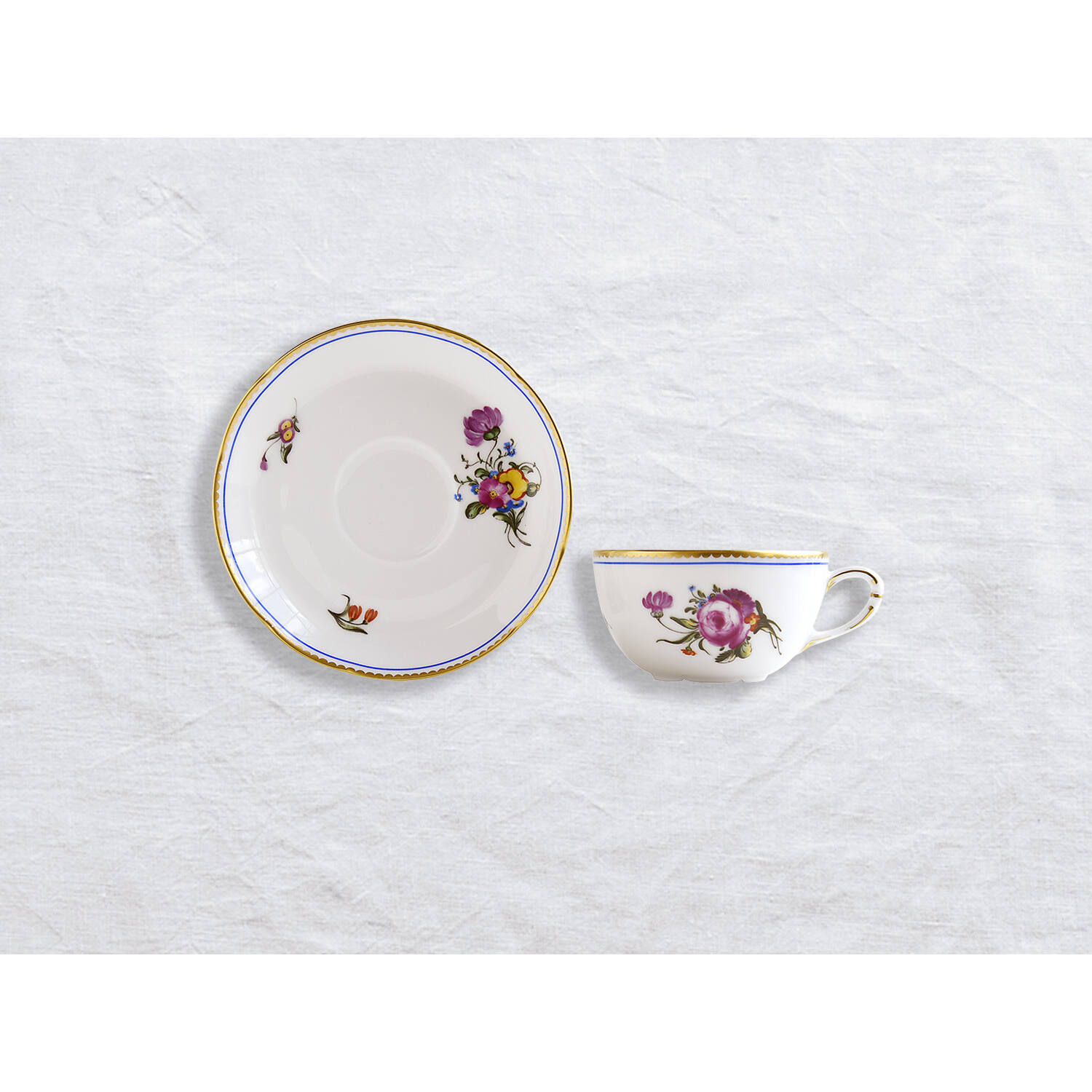 Bernardaud Tea cup and saucer, Limoges porcelain, A la Reine collection, on a white background