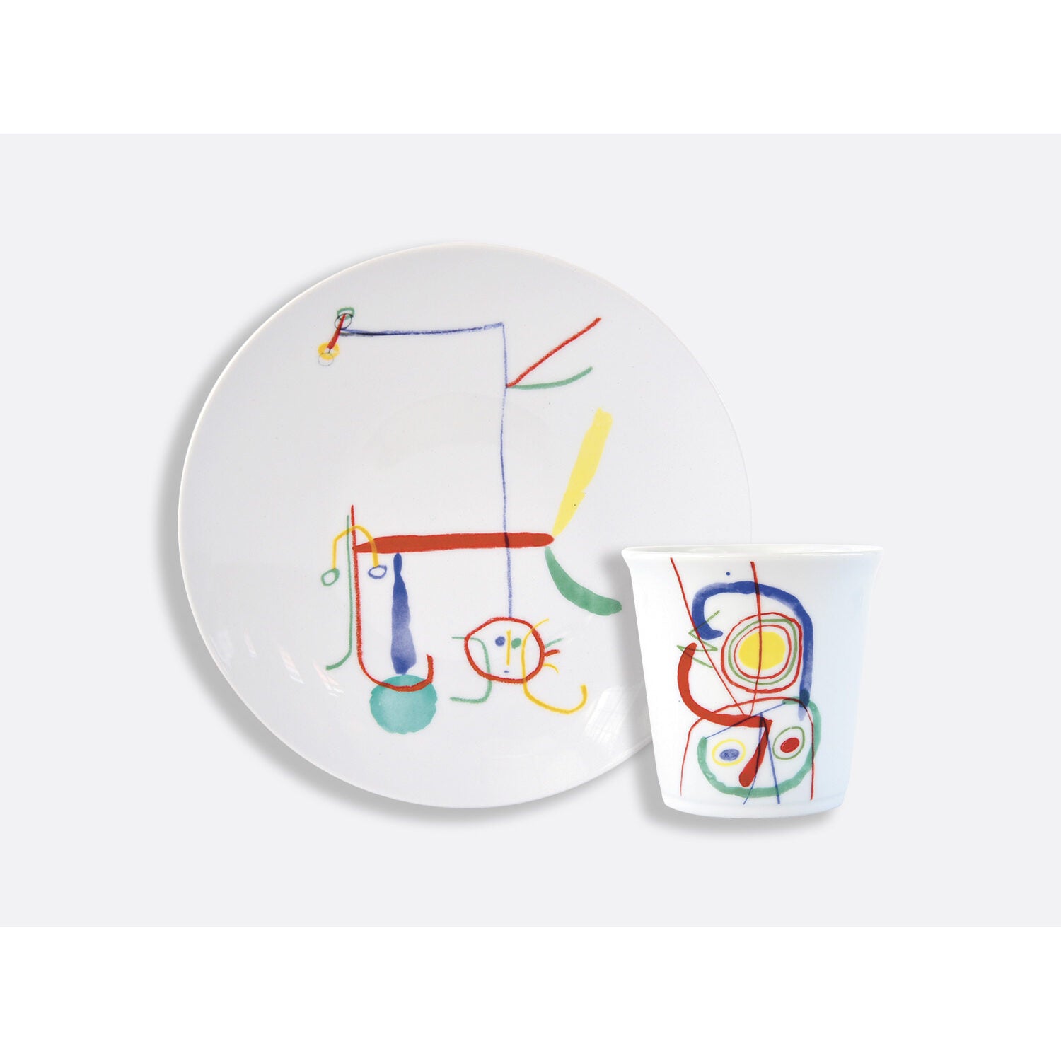 Bernardaud Gift box set of 1 salad plate 8.5" + tumbler, Limoges porcelain, À Toute Épreuve - Joan Miró collection, on a white background