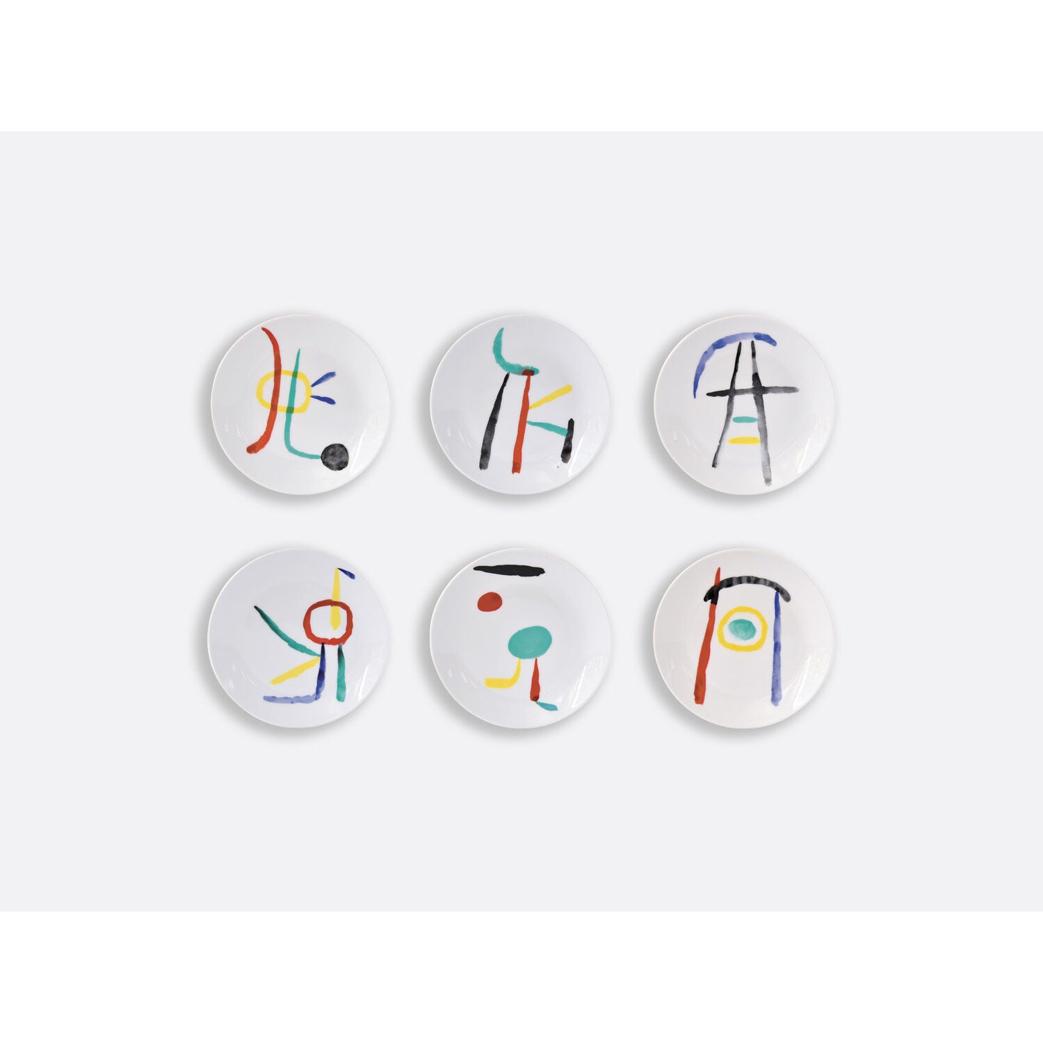 Bernardaud Set of 6 bread and butter plates 5.5", Limoges porcelain, À Toute Épreuve - Joan Miró collection, on a white background