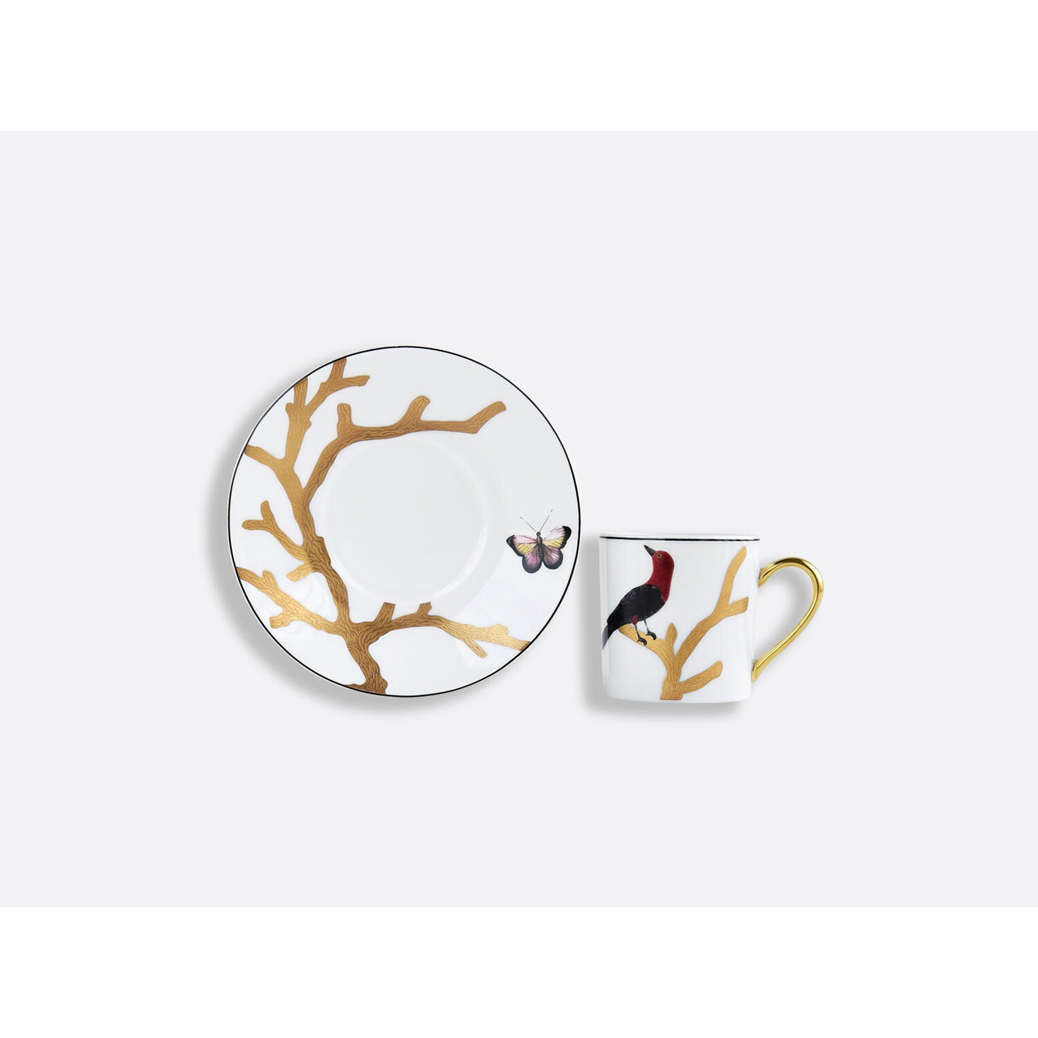 Bernardaud Espresso cup and saucer 3 oz, Limoges porcelain, Aux Oiseaux collection, detail view