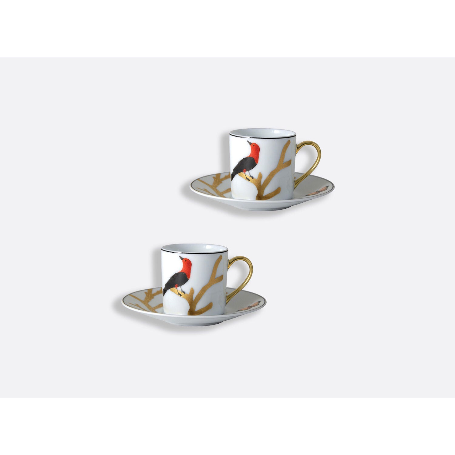 Bernardaud Espresso cup and saucer 3 oz, Limoges porcelain, Aux Oiseaux collection, detail view