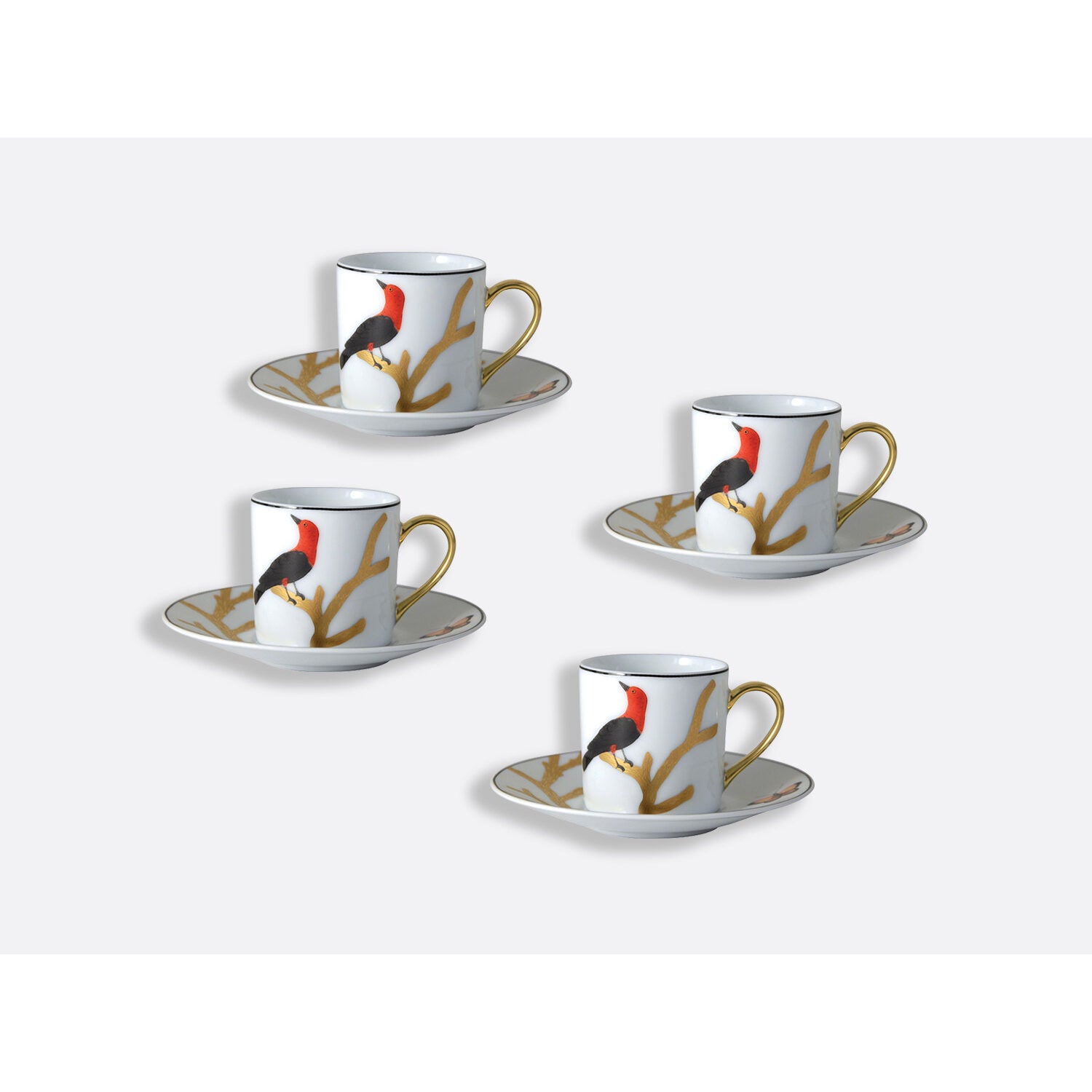 Bernardaud Espresso cup and saucer 3 oz, Limoges porcelain, Aux Oiseaux collection, detail view