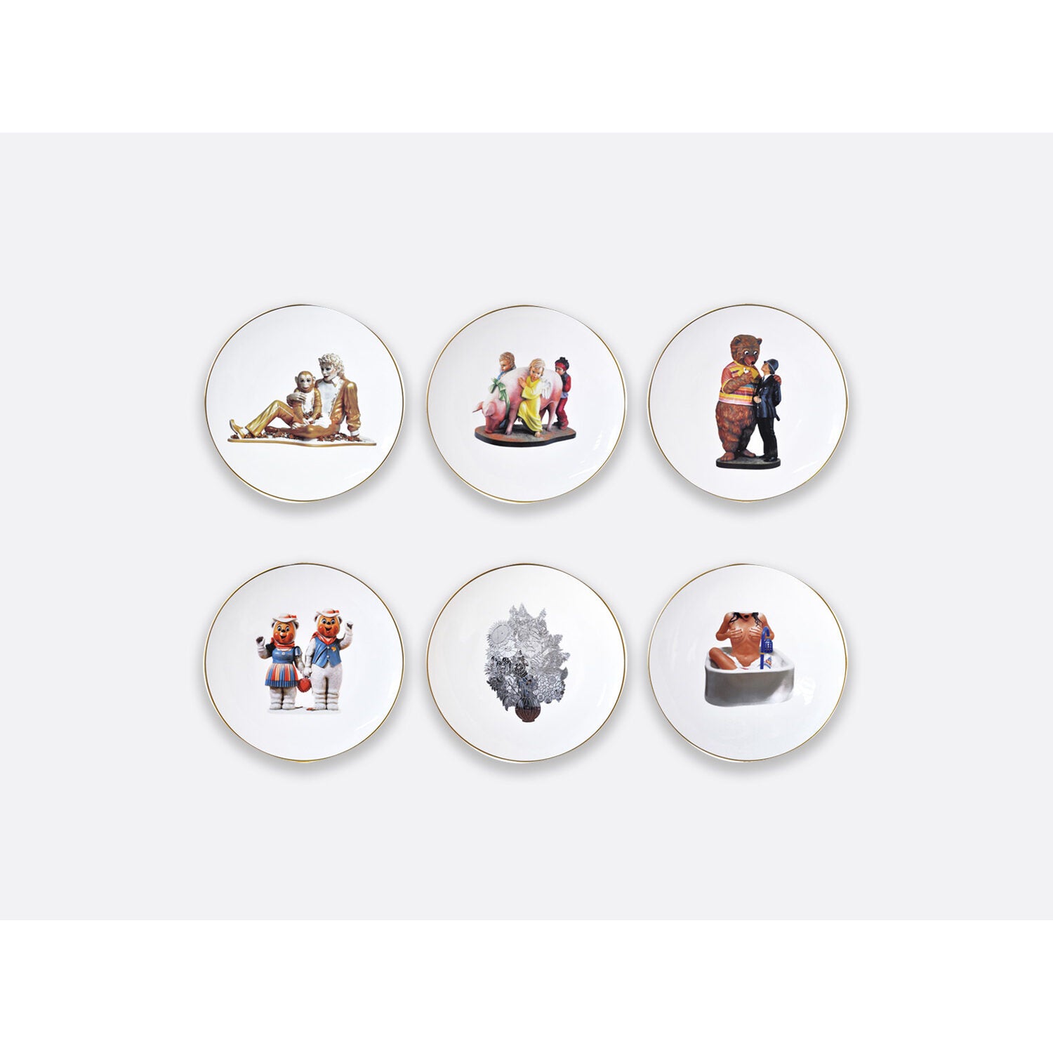 Bernardaud Gift box set of 6 assorted dinner plates 10.6" and 6 salad plates 8.3", Limoges porcelain, Banality Series - Jeff Koons collection, on a white background