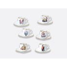 Bernardaud Gift box set of 6 espresso cups 3 oz and saucers, Limoges porcelain, Banality Series - Jeff Koons collection, on a white background